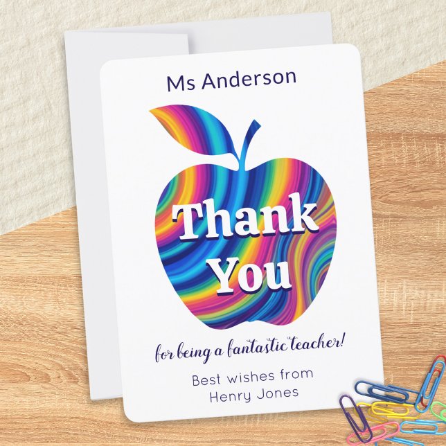 Cartão De Festividades Professora Obrigado Apple Colorida Personalizada (A personalized Thank You card to show appreciation for a teacher, with colorful swirly apple picture)
