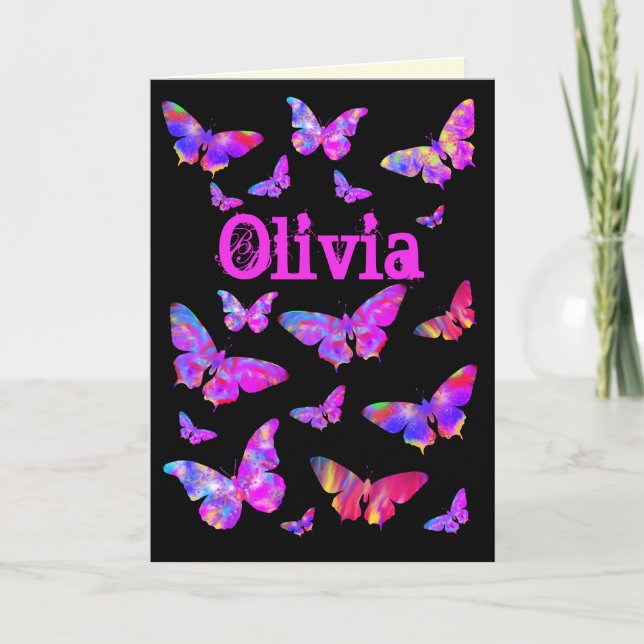 Cartão De Festividades Psychedelic Pink Butterfly Pop Art Olivia Name (Frente)