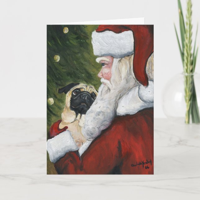 Cartão De Festividades "Pug and Santa" Dog Art Christmas Card (Frente)
