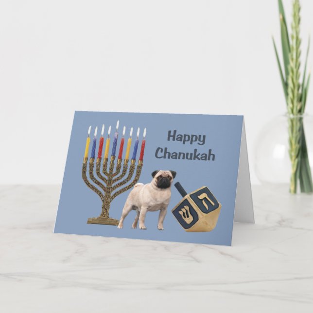 Cartão De Festividades Pug Chanukah Card Menorah Dreidel (Frente)
