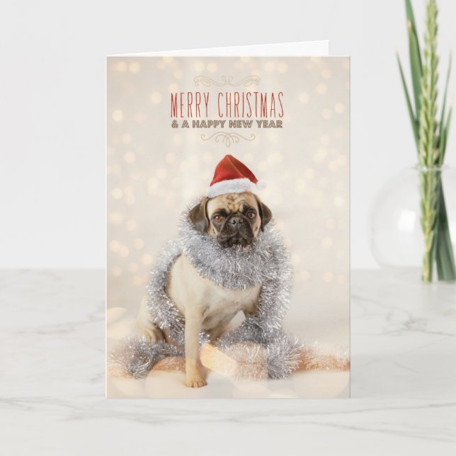 Cartão De Festividades Pug Christmas Card (Frente)
