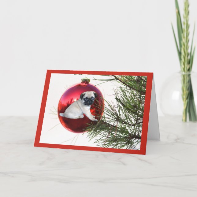 Cartão De Festividades Pug Christmas Card Hanging Ball (Frente)