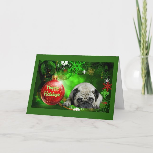 Cartão De Festividades Pug Christmas Card Red Ball (Frente)