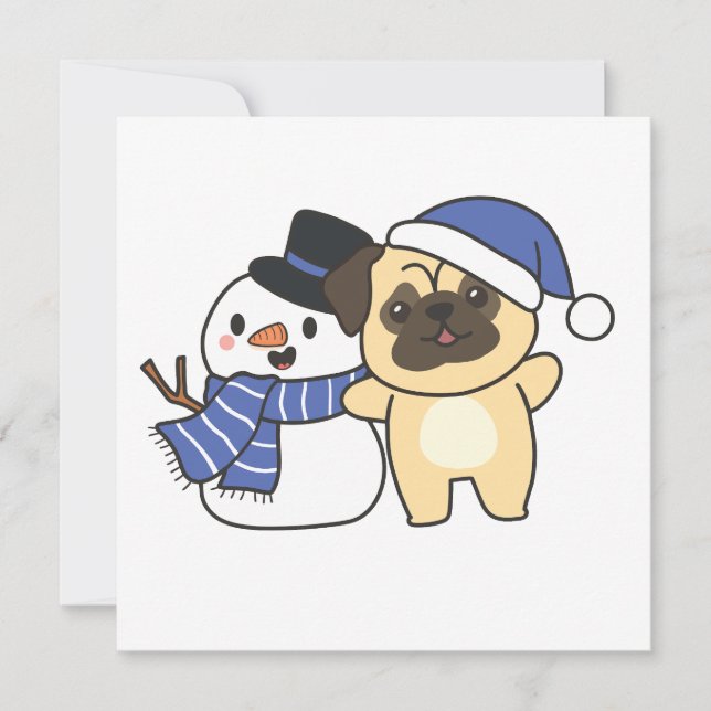 Cartão De Festividades Pug Com Snowman No Inverno Para O Natal (Frente)