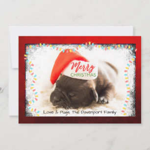 Cartão De Festividades Pug de Natal com Chapéu de Papai Noel e Luzes de N
