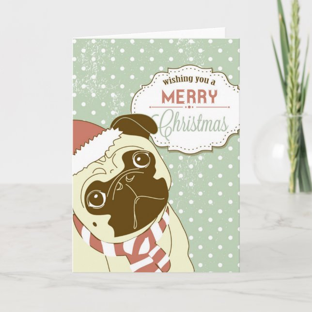Cartão De Festividades Pug do Natal! Cão pequeno bonito no chapéu do (Frente)