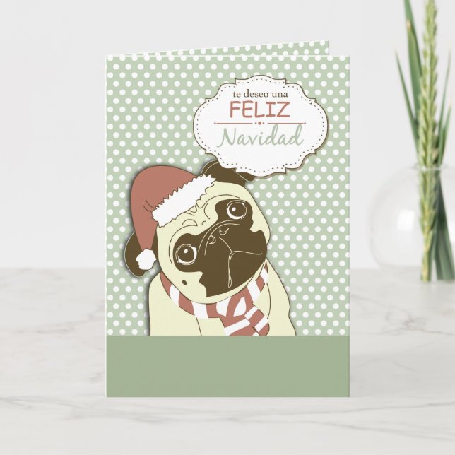 Cartão De Festividades Pug Dog Merry Christmas, Spanish (Frente)