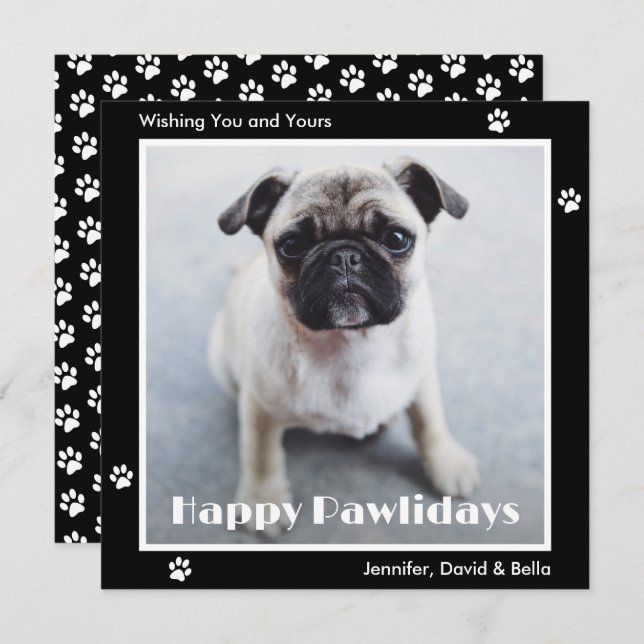 Cartão De Festividades Pug Dog Paw Prints Pet Photo Black Holiday Card (Frente/Verso)