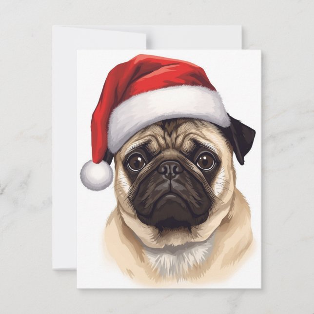 Cartão De Festividades Pug Dog Santa Hat Merry Christmas Art (Frente)