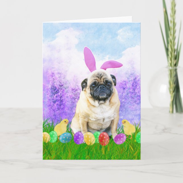Cartão De Festividades Pug Dog with Easter Eggs Bunny Chicks (Frente)