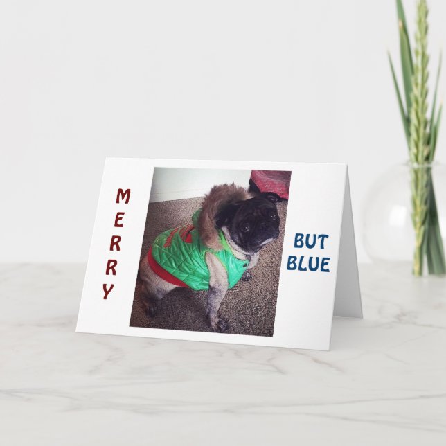 CARTÃO DE FESTIVIDADES PUG É NATAL "FELIZ" MAS "AZUL" SEM "VOCÊ!" (Frente)