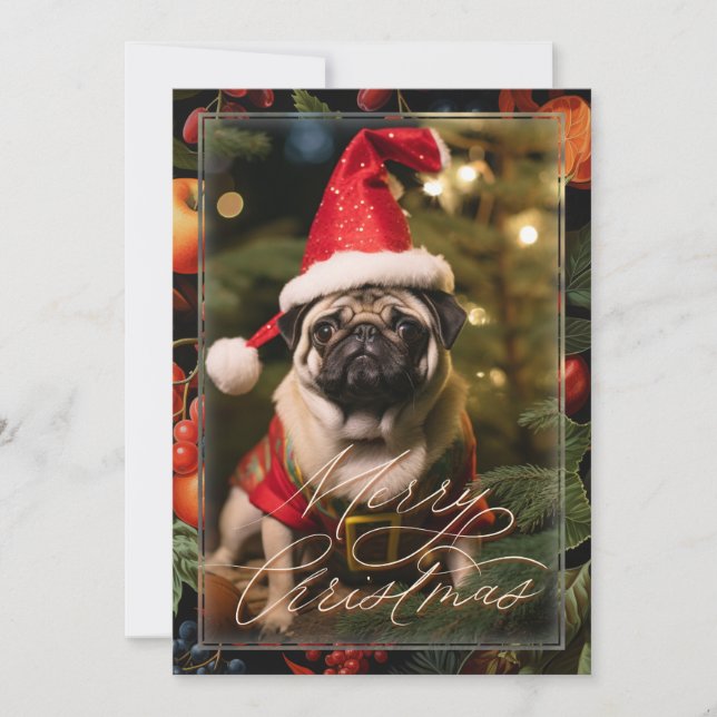 Cartão De Festividades Pug Elf de Natal (Frente)