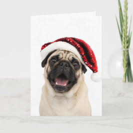 Cartão De Festividades Pug Feliz Usando Chapéu Vermelho de Natal Brilhant