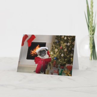 Cartão De Festividades Pug Misha wearing only a bow for Christmas
