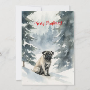 Cartão De Festividades Pug na Neve Aquarela Natal