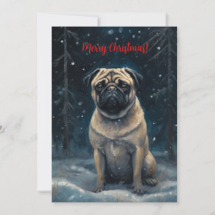 Cartão De Festividades Pug na Neve Aquarela Natal