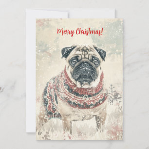 Cartão De Festividades Pug na Neve Minimal Natal Vintage