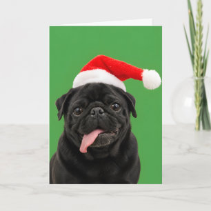 Cartão De Festividades Pug Preto Engraçado com Chapéu de Papai Noel e Lín