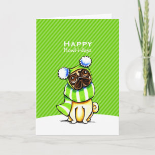 Cartão De Festividades Pug Striped Scarf Christmas Green Custom