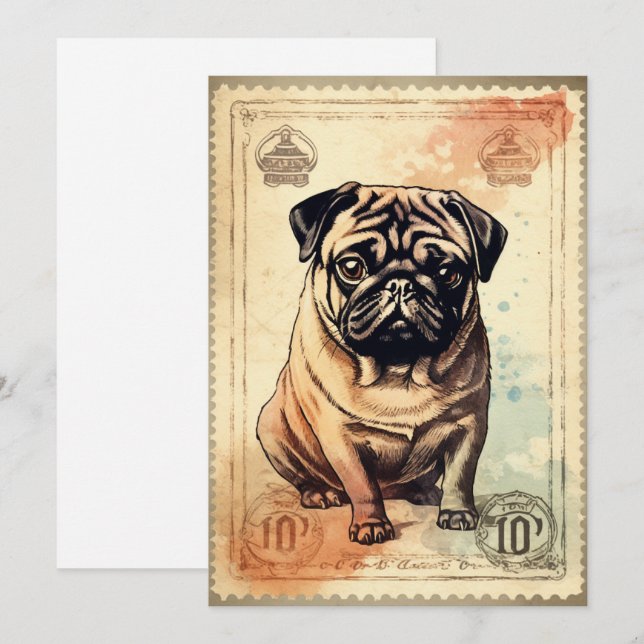 Cartão De Festividades Pug Vintage Stamp Art (Frente/Verso)