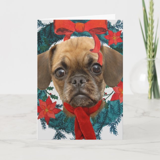 Cartão De Festividades Puggle in Christmas Wreath (Frente)