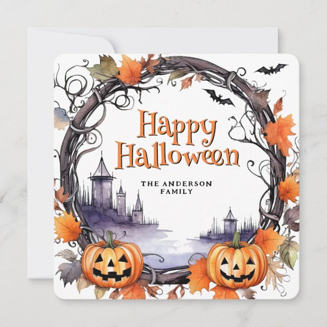 Cartão De Festividades Pumpkins Bats Watercolor Happy Halloween (Frente)