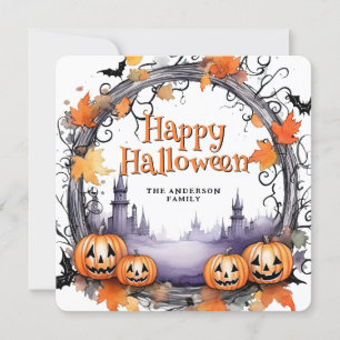 Cartão De Festividades Pumpkins Bats Watercolor Happy Halloween