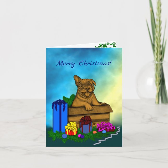 Cartão De Festividades Puppy em uma caixa, Merry Xmas (Frente)