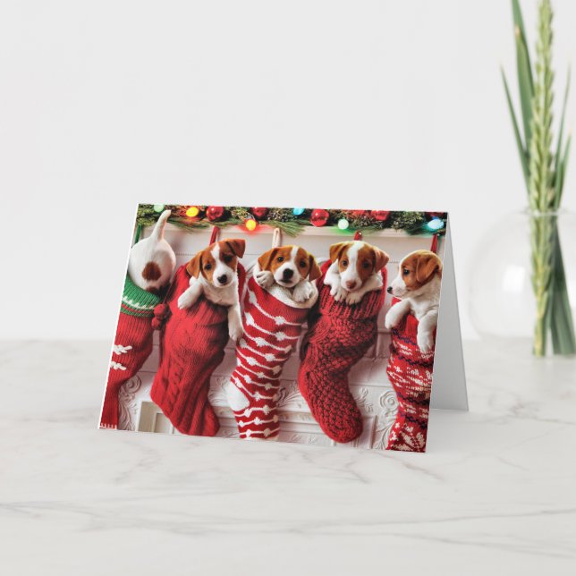 Cartão De Festividades Puppy-Filled Stocking Christmas Card (Frente)