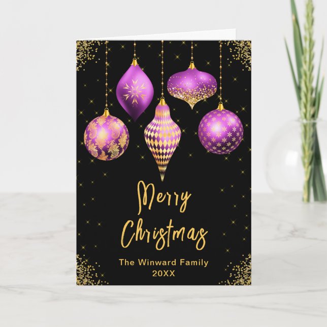 Cartão De Festividades Purple and Gold Ornaments Merry Christmas (Frente)