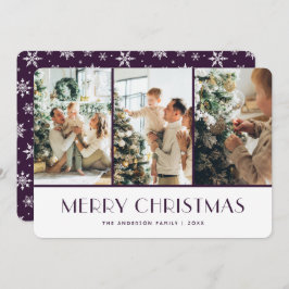 Cartão De Festividades Purple and White Snowflakes Photo Christmas Card