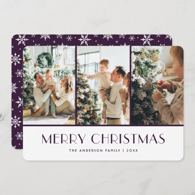 Cartão De Festividades Purple and White Snowflakes Photo Christmas Card (Frente/Verso)