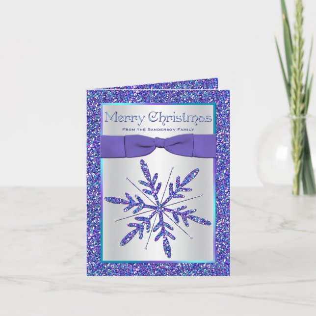 Cartão De Festividades Purple Aqua Silver Snowflake Photo Christmas Card (Frente)