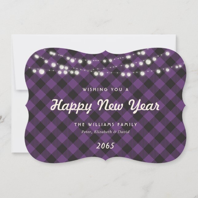 Cartão De Festividades Purple Buffalo Plaid String Lights New Year Card (Frente)