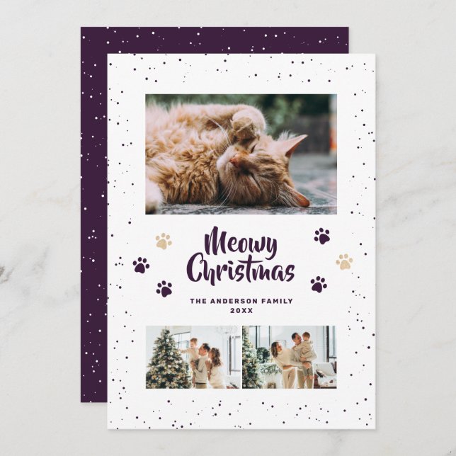 Cartão De Festividades Purple Cute Meowy Christmas Snow Photo (Frente/Verso)