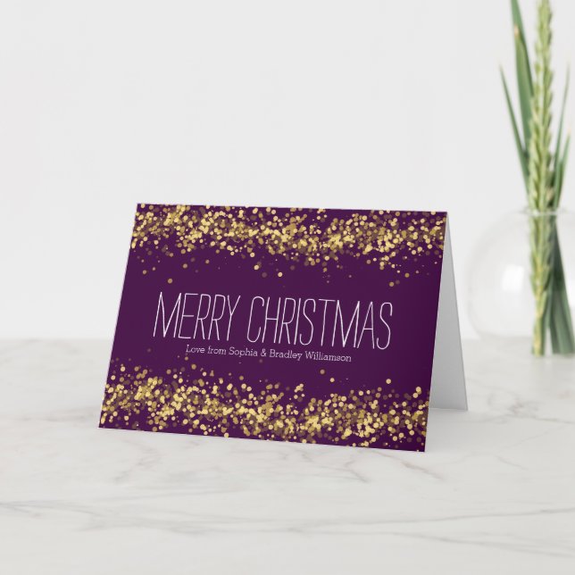 Cartão De Festividades Purple e Dourada Confetti Bokeh Personalizada (Frente)