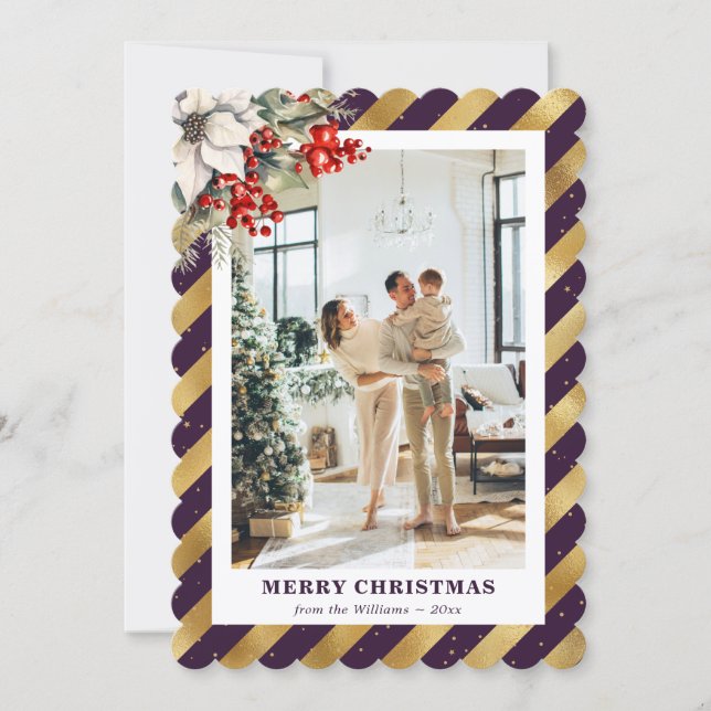 Cartão De Festividades Purple Gold Botanical Modern Photo Christmas Card (Frente)