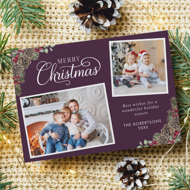 Cartão De Festividades Púrpura Aquarela de Natal Botânica 2 Foto (Criador carregado)