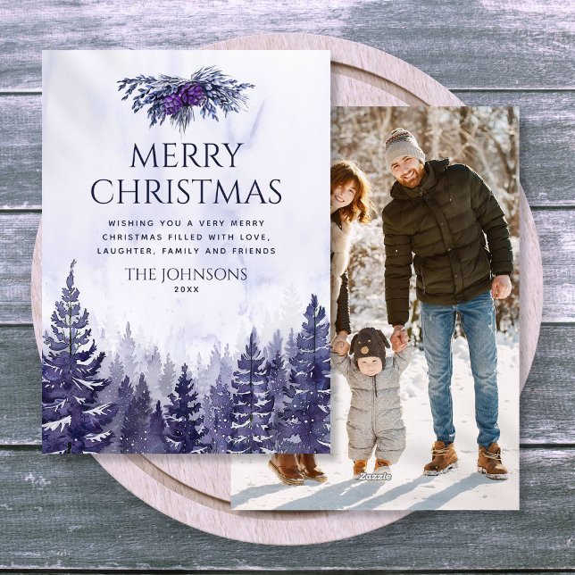 Cartão De Festividades Púrpura Aquarela Pinheira Pinheira Foto de Natal (Purple Watercolor Pine Tree Forest Photo Christmas Holiday Card
)