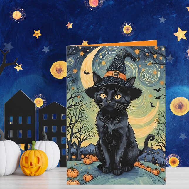 Cartão De Festividades Purr-fecly Spooky Night van Gogh Style Halloween (The purr-fect Halloween card inspired by Vincent van Gogh's iconic "Starry Night" painting! )