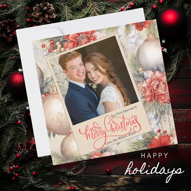 Cartão De Festividades Quadrar nossa primeira foto de Natal em fundo de m (Criador carregado)