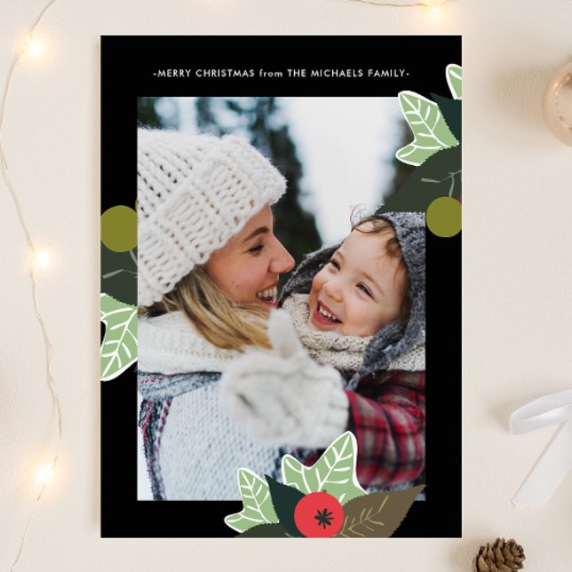 Cartão De Festividades Quadro Botânico preto clássico - Natal - Duas Foto (Criador carregado)