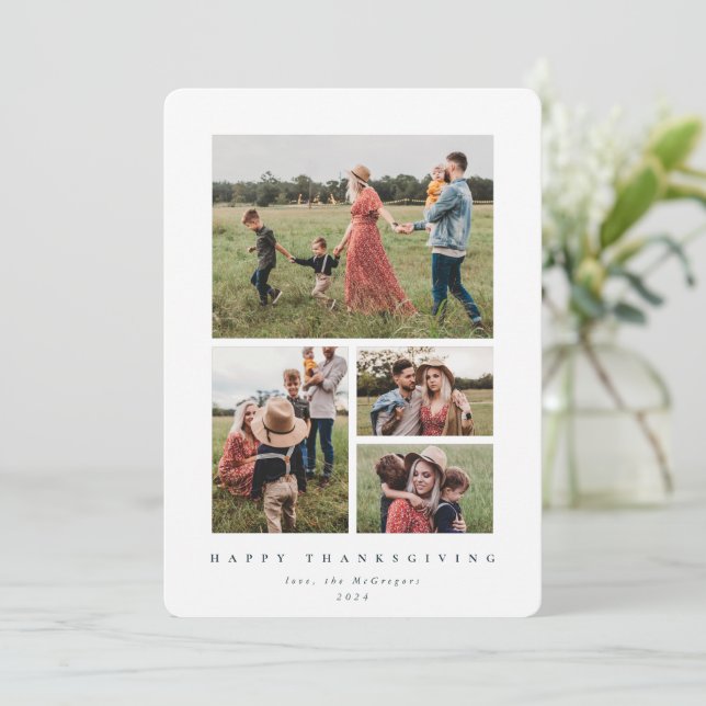 Cartão De Festividades Quadro Branco Elegante 4 Foto Feliz Ação de Graças (Em pé/Frente)