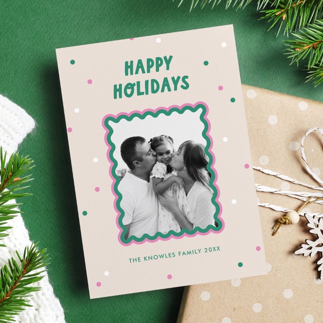 Cartão De Festividades Quadro Brilhante Rosa + Verde Feliz (cute and fun holiday photo card with squiggle frame in pink and green)