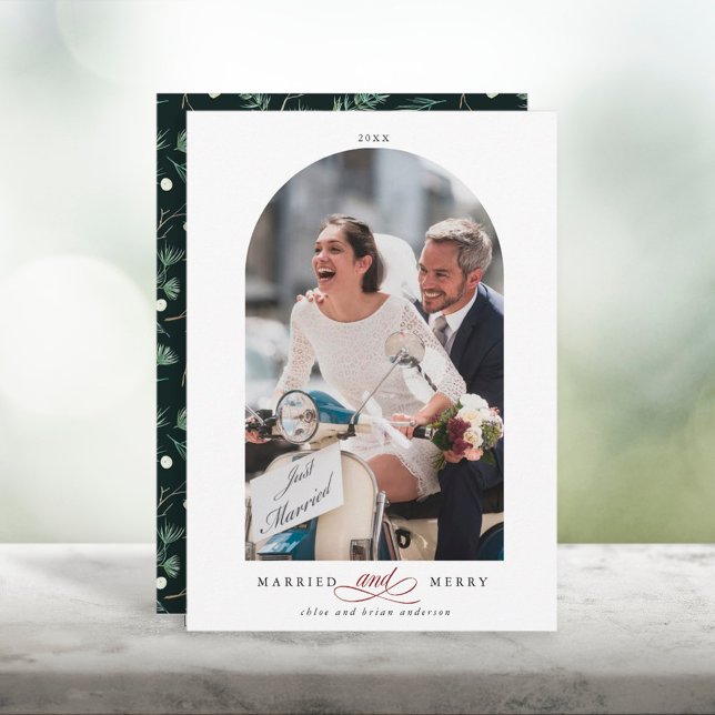 Cartão De Festividades Quadro de Arca Elegante Casado e Foto de Feliz (Front & Back)