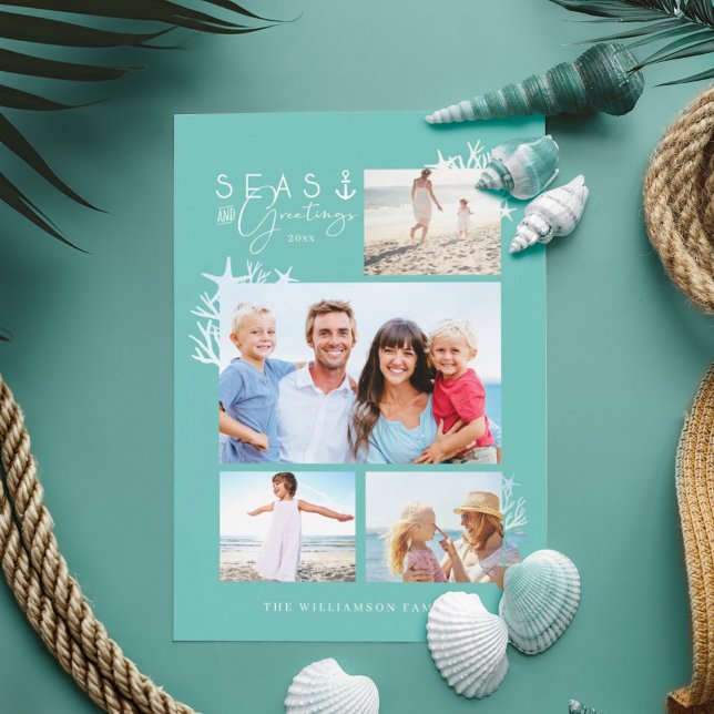 Cartão De Festividades Quadro de Fotografias para o Oceano Teal nos Mares (Coastal Seas & Greetings Teal Ocean Photo Frame Holiday Card)