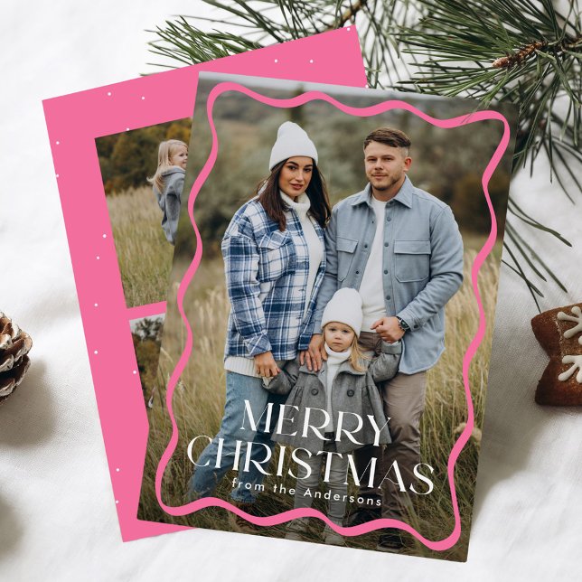 Cartão De Festividades Quadro de Onda Rosa Moderno Feliz Natal 3 Foto (Criador carregado)