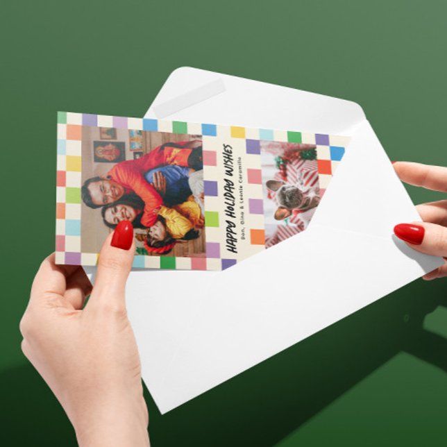 Cartão De Festividades Quadro de Verificação Colorido Brilhante 2 Foto Ma (Colorful checkerboard patterned two photo skinny holiday card with custom message on back)