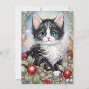 Cartão De Festividades Quadro Whimsic Tuxedo Kitten Holly Berries