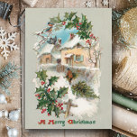 Cartão De Festividades Quaint Nostalgic Vintage Rustic Winter Cena<br><div class="desc">Vintagem nostálgica encantadora vinheta de inverno apresentando a cena rústica do inverno com fazendeiro trazendo uma árvore de Natal de pinheiro para sua casa coberta de neve,  coberta por um sagrado festivo. A parte traseira apresenta gráficos complementares e campos de texto editáveis.</div>